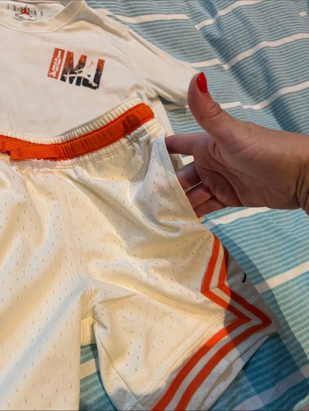 Jordan White Tee with Orange-Trim Mesh Shorts
